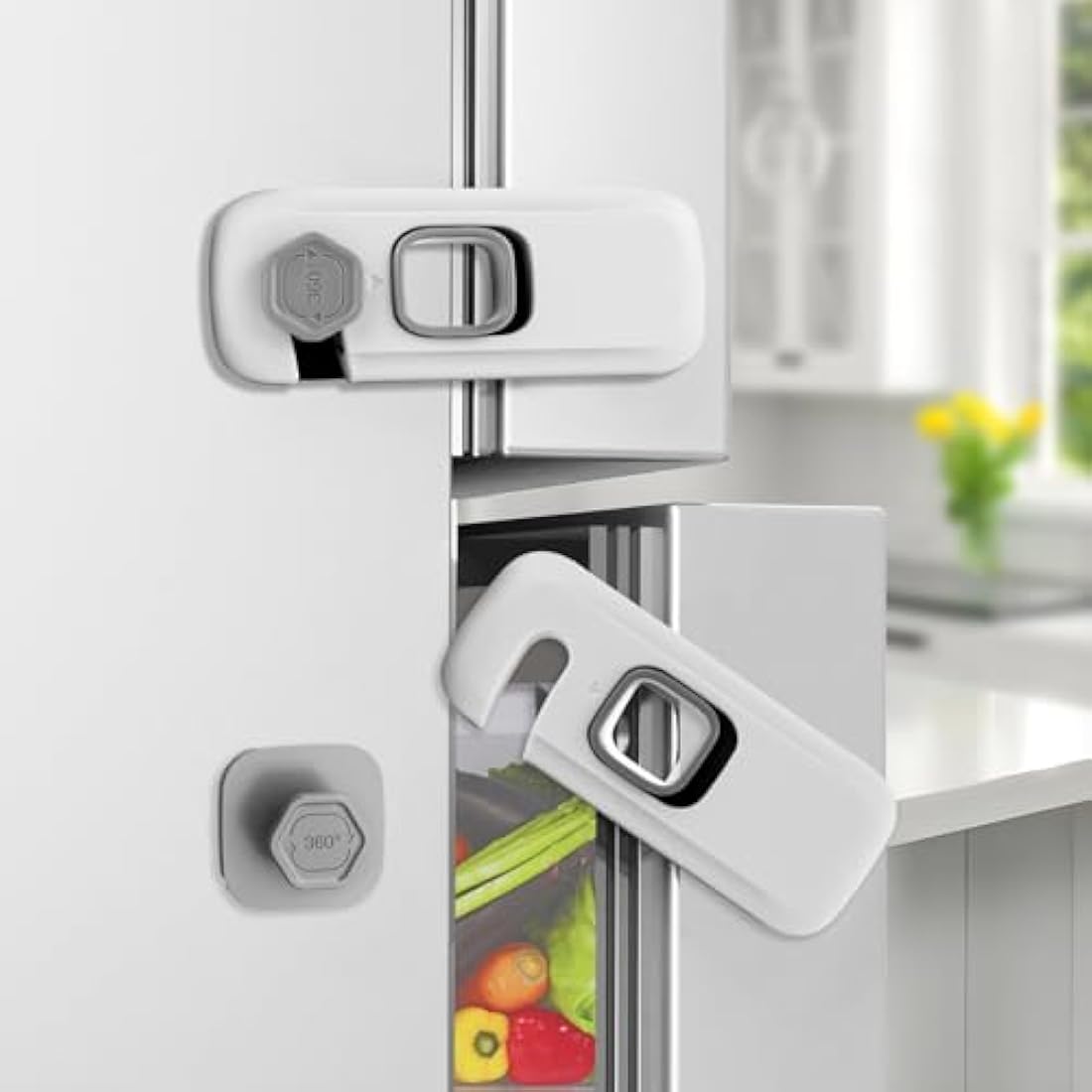 BECOMTO 5 Pack Childproof Refrigerator Lock,Cupboard Locks for Children,Freezer Lock Apply to Max 1"(25mm) Sealing Strip,Cabinet Cupboard Lock for Toddlers,Easy to Install,No Tools Need or Drill,Grey