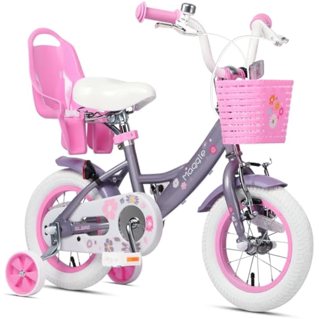 Glerc Maggie 12 Inch Kids Bike for 2-13 Years Old, Girls Bicycle with Doll-Seat & Basket & Stabilisers & Kickstand, Multiple Colors