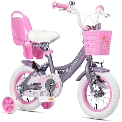 Glerc Maggie 12 Inch Kids Bike for 2-13 Years Old, Girls Bicycle with Doll-Seat & Basket & Stabilisers & Kickstand, Multiple Colors