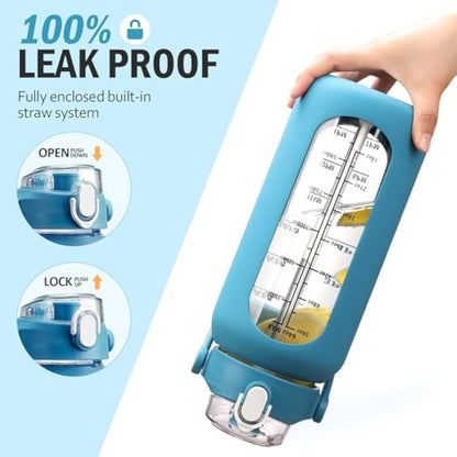 HYDRAGLAZIC 2L Glass Water Bottle with 2 Lids Flip and Chug Lids 2 Liter Large Water Jug with Time Marker and Silicone Sleeve BPA Free Leak-proof for Sports Gym, Blue
