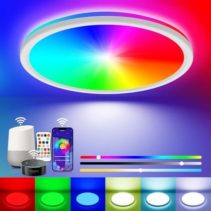 Peasur Smart RGB LED Ceiling Light Dimmable, 24W 3000K-6500K Bathroom Light 16 Million Colors Changing with Remote and APP Control, 30CM Ceiling Lamps for Bedroom, Living Room, Kitchen