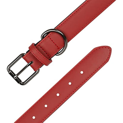 OFHome Dog Collar Leather Red Soft Padded Comfortable Adjustable Strong Pet Collars Best for Small Medium Large Dogs with Heavy Duty Buckle (Red, S)