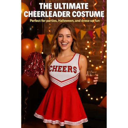 Cheerleader Fancy Dress Outfit Uniform High School Costume With Pom Poms Black And Purple Cheerleader, Large