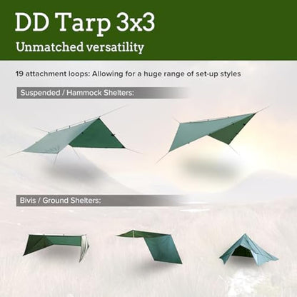 DD Hammocks - DD Tarp 3x3 - Olive Green - Lightweight, 100% Waterproof Tough Shelter with Pegs & Guy Lines for Camping Bushcraft & Hiking