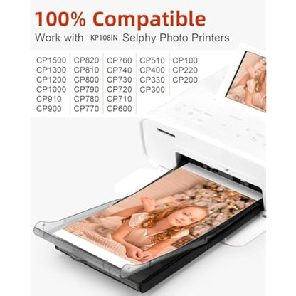 Compatible for Canon Selphy CP1300 CP1500 Ink Photo Paper Set,100 x 148mm 108 Sheets Paper and 3 Color Ink Cassette, Replace for Canon Selphy KP-108IN CP1200 CP1000 CP910 CP810 CP790 CP Printers