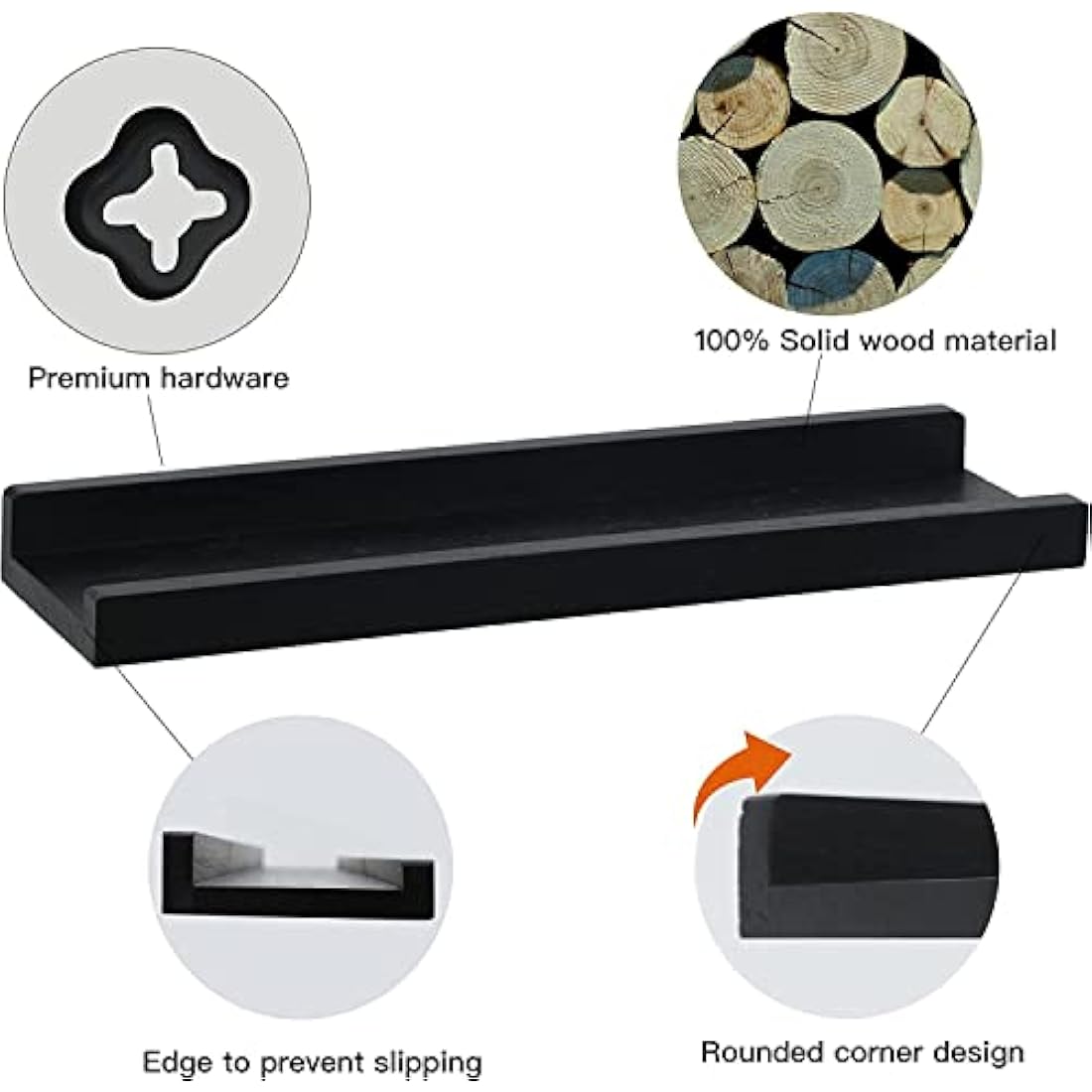 PHOENANCEE Solid Wood, 43cm Wall Picture Shelves Ledge, Rustic Wood Ledge Shelves, Decorative Photo Shelf For Living Room, Kitchen, Bedroom, Books, Set of 2,Black