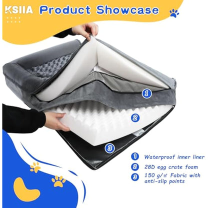 KSIIA Large Dog Bed, XL Orthopedic Dog Sofa Beds with Removable Washable Cover, Waterproof Pet Sofa with U-Shape Bolster, Grey 105x70x18cm