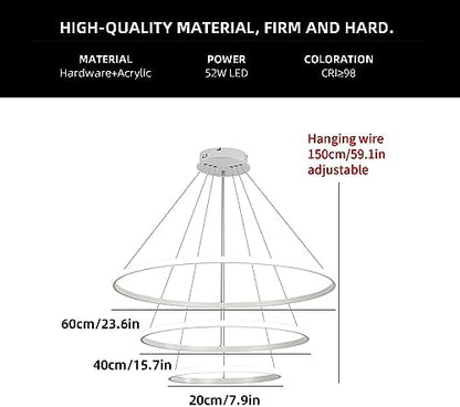 Led Chandeliers Ceiling Light,Dimmable 3 Ring Acrylic Chandelier Lighting Fixture,White Adjustable Pendant Light for Kitchen Island Dining Room Living Room Foyer Hanging 20+40+60Cm/(7.87+15.7+23.6)