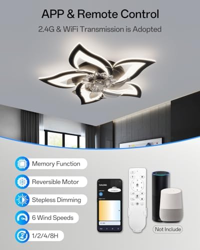 YUNLONG Smart Ceiling Fans with Lights Compatible with Alexa and Google Assistant, Ceiling Fans with Lamps and Remote, Reversible DC Motor, 6 Speed, Dimmable, Memory Function, for Bedroom, Black