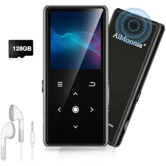 128GB MP3 Player with Bluetooth 5.2, AiMoonsa Music Player with Built-in HD Speaker, FM Radio, Voice Recorder, HiFi Sound, E-Book Function, Earphones Included