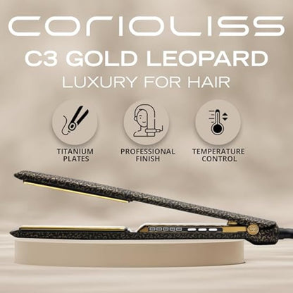 Corioliss C3 Hair Straightener for Women | Professional Extra Long Titanium Plates | Ionic Flat Iron | Temperature Control 135°C-235°C | 20-Second Heat-Up | Travel Case | UK Plug | Leopard Gold