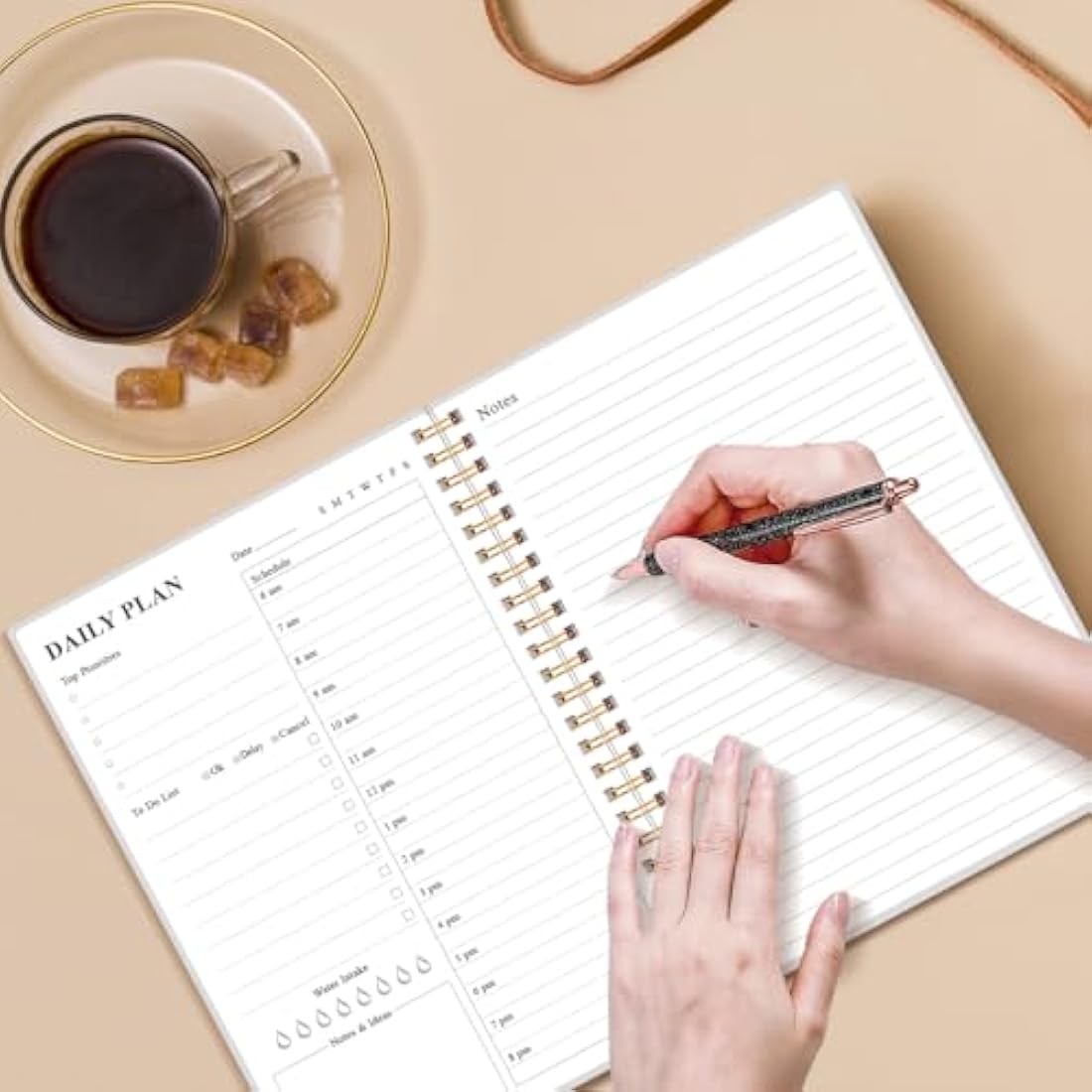 Daily Planner Undated - A5 To Do List Notebook Hourly Schedules, Spiral Appointment Planner for Women and Men, PVC Hardcover, Inner Pocket, Elastic Closure, 5.8" x 8.5", Blue Watercolor