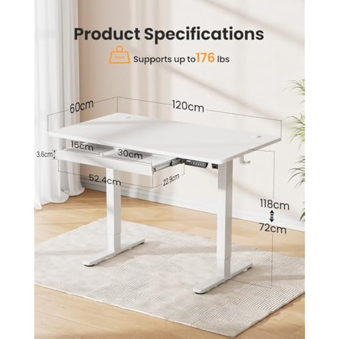 ErGear Electric Standing Desk 120 x 60 cm, Height Adjustable Desk, Sit Stand Table with Easy-Glide Drawer & 4 Memory Smart Pannal, T-Leg Design for Stability, Splice Board, White Frame & Surface