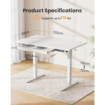 ErGear Electric Standing Desk 120 x 60 cm, Height Adjustable Desk, Sit Stand Table with Easy-Glide Drawer & 4 Memory Smart Pannal, T-Leg Design for Stability, Splice Board, White Frame & Surface