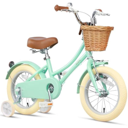 Glerc Little Molly 14 Inch Kids Retro Girls Bike for 2-13 Year Old with Wicker Basket & Stabilisers/Kickstand, Multiple Colors