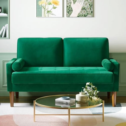 Vesgantti Small 2 Seater Sofa Green, Comfy Couch with Spring Cushion, Velvet Sofa with Wood Legs, Modern Love Seat Sofa 2 Seater for Living Room, Small Couch for Bedroom, Green Office Couch