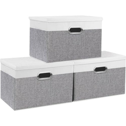 Yawinhe Large Storage Box with Lid 3 Pack, Collapsible Cubes Baskets, for Cupboards, Wardrobe, Shelves, 44x30x30cm, White/Grey, SNK023WGX-3