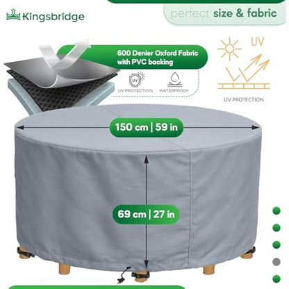 Kingsbridge Round Garden Furniture Table Cover (150cm) 600D Heavy Duty Fabric, Double Stitching, Waterproof, Anti UV, Breathable, Rip Proof, 150 x 69cm Grey Outdoor Patio Furniture Protector