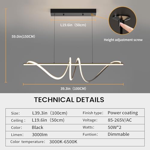 Mikeru Modern 100cm Spiral Pendant with Remote Control 3000K/4500K/6500K Dimmable Dining Room Pendant Light, Brightness 10%-100% Adjustable Island Light, Height Adjustable 1.5M LED Pendant Light