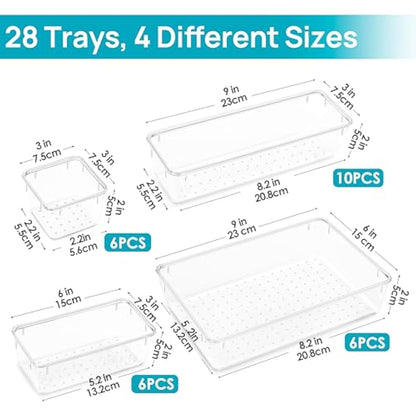 Vtopmart 28 PCS Clear Plastic Drawer Organizers Set, 4-Size Bathroom and Vanity Drawer Organizer Trays, Acrylic Storage Bins for Makeup, Cosmetic, Kitchen Utensils