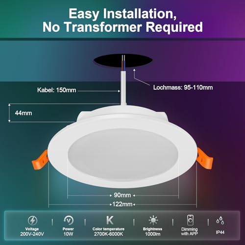 VARICART Smart LED Downlights for Ceiling Alexa, 10W Bluetooth RGB Colour Changing Spot Lights 2700K-6000K, Dimmable Recessed Ceiling Lights, APP Control for Living Room Bedroom Kitchen, 6 Pcs