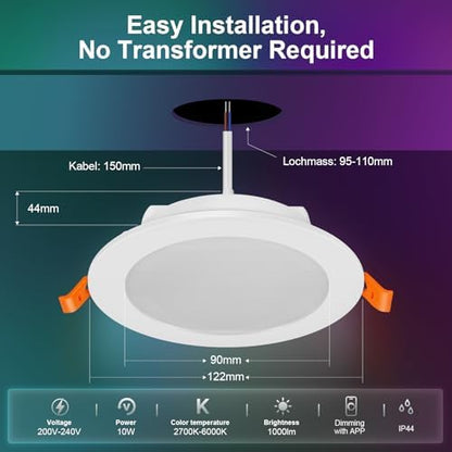 VARICART Smart LED Downlights for Ceiling Alexa, 10W Bluetooth RGB Colour Changing Spot Lights 2700K-6000K, Dimmable Recessed Ceiling Lights, APP Control for Living Room Bedroom Kitchen, 6 Pcs