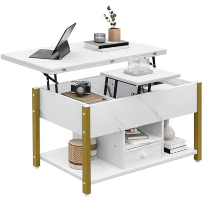 YITAHOME Lift Top Coffee Table with Drawers, 4 in 1 Multi-Function Liftable Coffee Table with Storage Space, Converts to Dining Table for Living Room Dining Room, White Marble
