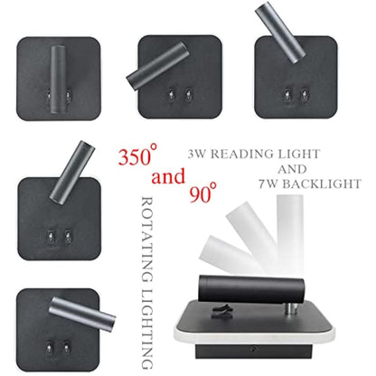 uksunvi LED Wall Mounted Lamp,Bedside Reading Wall Light,12W LED Wall Lamp, Adjustable Spotlight （3W +9W 3000K Warm Light） (Black Square)