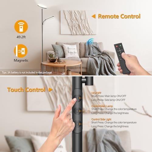 LED Uplighter Floor Lamp, Super Bright Stand Lamp, Dimmable Brightness and 4 Color Temperatures, Remote & Touch Control for Living Room Bedroom Office (Carbon Black)
