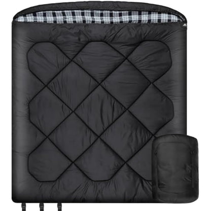 Winter 0 Degree Double Sleeping Bag, Double Wide Queen Size 2 Person Sleeping Bag With 100% Cotton Flannel Lining, Warm And Waterproof For Camping, Fishing or Hunting in Cold Weather