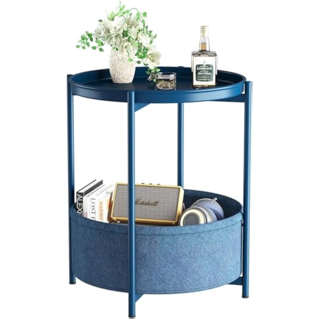 Huhote Side Table, Round End Table with Fabric Basket, Small Bedside Table, Nightstand Sofa Table for Living Room, Bedroom, Bathroom, Balcony, Modern Style (Blue)