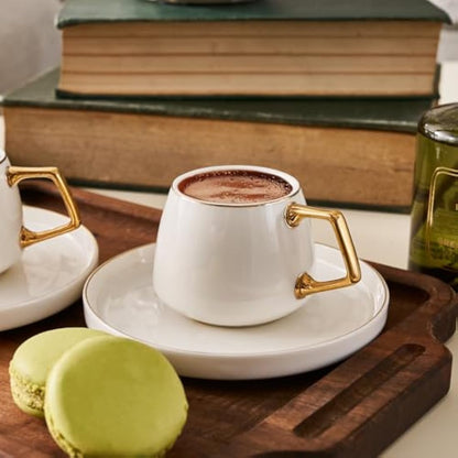 KARACA Saturn Gold Turkish Coffee Cup Set for 6 People, 12 Piece Espresso Cups with Saucers, Small Porcelain Modern Set for Serving Greek, Arabic Coffee (100ml)