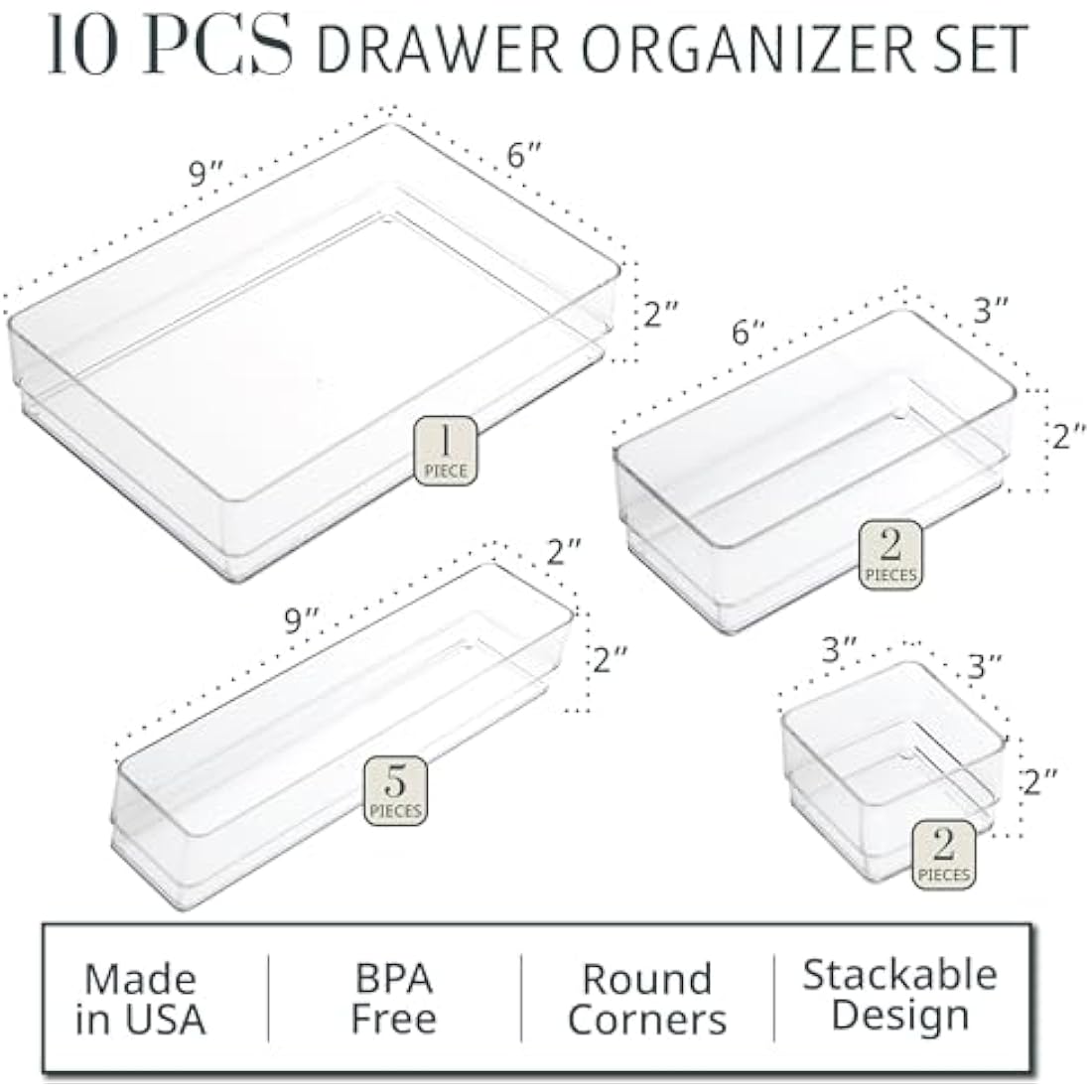STORi SimpleSort 10-Piece Stackable Clear Drawer Organizer Set | Multi-size Trays | Makeup Vanity Storage Bins and Office Desk Drawer Dividers | Made in USA