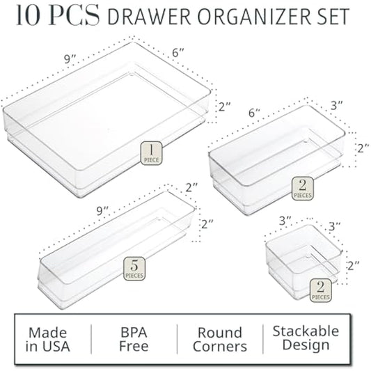 STORi SimpleSort 10-Piece Stackable Clear Drawer Organizer Set | Multi-size Trays | Makeup Vanity Storage Bins and Office Desk Drawer Dividers | Made in USA