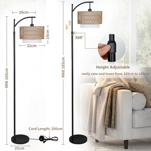 Rayofly Arc Floor Lamp for Living Room, Dimmable Floor Lamps with Remote Control, Boho Standing Lamp with Rattan & Linen Double Shades, Black Reading Tall Lamp for Bedroom Office