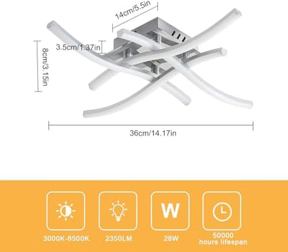 Dorlink LED Ceiling Lights, Modern Dimmable Light with Remote Control, Elegant Curved Design Chandelier 4 Built-in Boards, 28W 2350LM Silver Chrome Lighting for Living Room, Bedroom