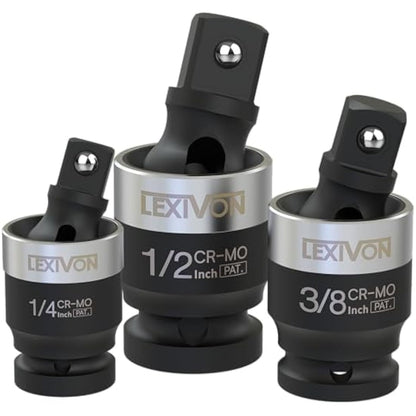 LEXIVON Impact Universal Joint - Patented Slim Design | 3-Piece 1/2", 3/8", and 1/4" Socket Swivel Set | Chrome-Molybdenum Steel Full Impact Grade (LX-113-S)