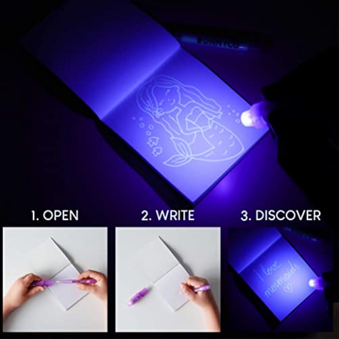 BONNYCO Invisible Ink Pen and Notebook, Pack 32 Mermaid Party Bags Filler & Pinata Toys | Mermaid Birthday Decorations | Stocking Fillers for Kids Birthday | School Prizes & Gifts for Children