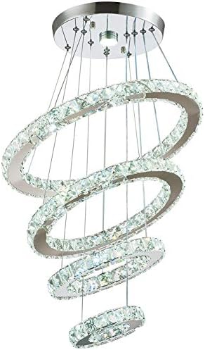 diisunbihuo Modern Crystal Chandeliers LED 4 Rings Pendant Light Adjustable Stainless Steel Ceiling Light Fixture for Living Room Dining Room Bedroom (Cool White,Non-dimmable)
