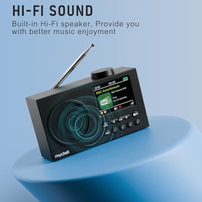 Mycket DAB Radio Portable, DAB Plus Digital Radios with Bluetooth, USB Rechargeable FM Radios, Battery Powered Small Radio,Dual Alarms Clock,Sleep Timer, 40 Presets Stations, 2.4" Large Colour Display