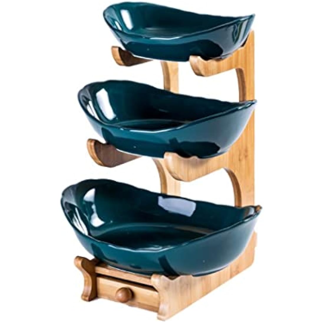 Simcat Fruit Plate Set Fruit Basket for Kitchen Counter, Ceramic Fruit Bowl,Large Capacity Fruit Bowl Set with Holder, Bamboo Fruit Serving Tray (Three Layer Dark Green)