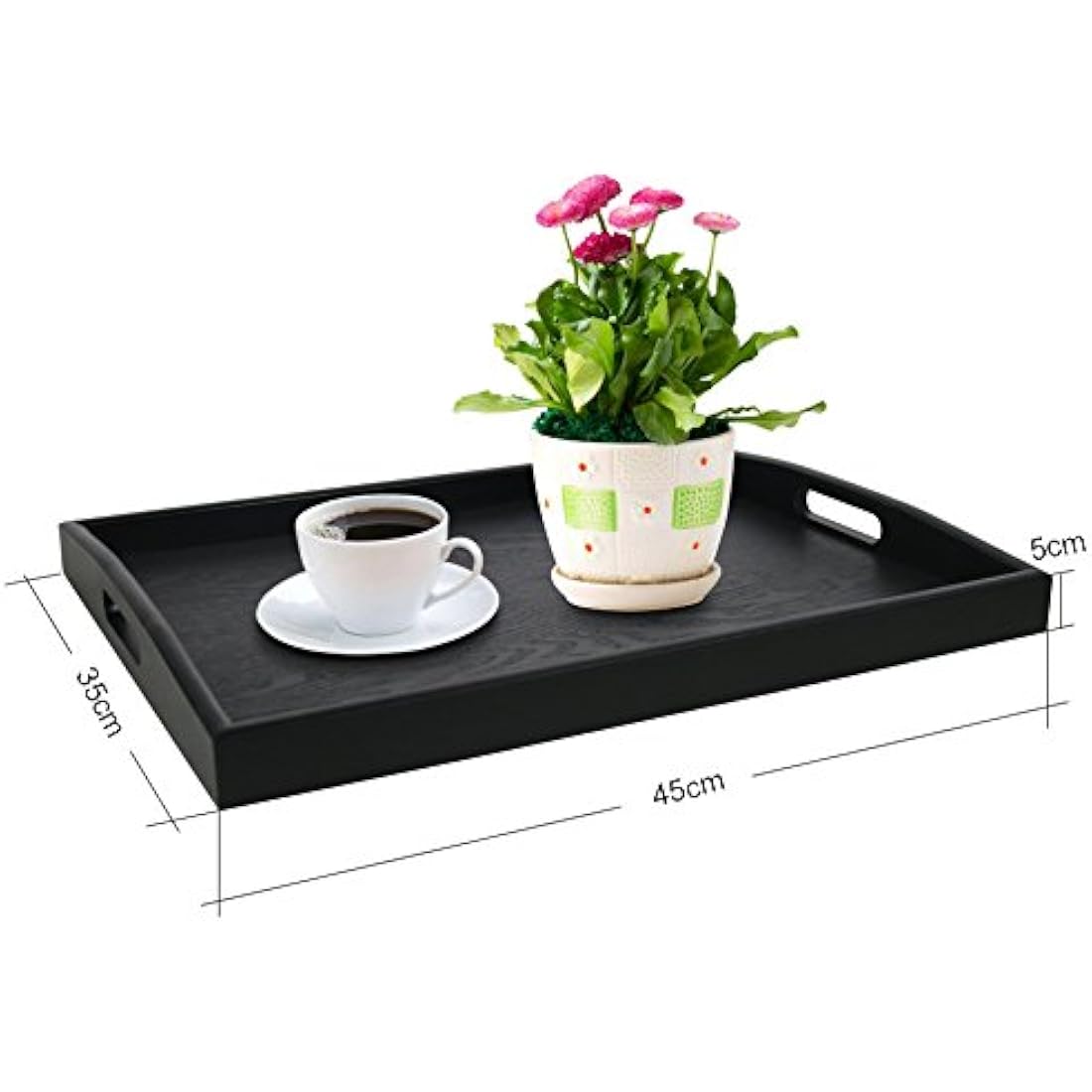 Wooden Serving Tray Large Black Wood Rectangle Food Breakfast Tray With Handles (Large)