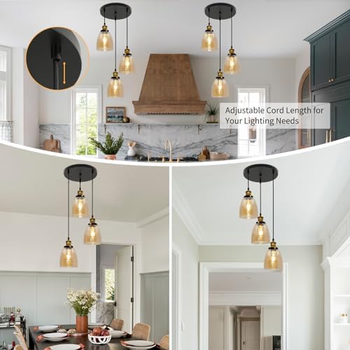 FORCOSO Vintage Glass Pendant Light 3 Lights - Pendant Lighting Ceiling with Glass Lampshade, Adjustable Height Hanging Lamp Fixture for Loft Kitchen Island Dining Room(NO Bulbs) - Cognac