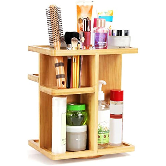BELLE VOUS 360 Degree Rotating Makeup Organiser - Large Spinning Cosmetic Storage Holder - Bamboo Carousel Vanity Stand for Bathroom/Bedroom Countertop - Lipstick, Makeup Brushes & Cosmetics Box