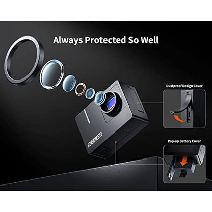 iZEEKER Action Camera 4K 20MP, 40M Waterproof Underwater Camera for Snorkeling, Camcorder with EIS, Helmet Camera with 2" Touchscreen, 170°Wide Angle, 2 Batteries, WiFi, Remote Control, Accessories