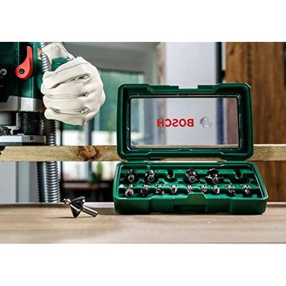 Bosch 2607019468 15-Piece Carbide Router Bit Set (for Wood, 1/4-Inch Shank, Accessories for Routers), Silver/Black