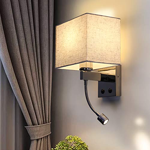ZMH Bedside Wall Light Sconce Wall Lamp Reading Light Indoor with ON/Off Switch 1xE27 Polished Chrome Wall Lamp White Fabric Shade, 2 Switches, Ideal