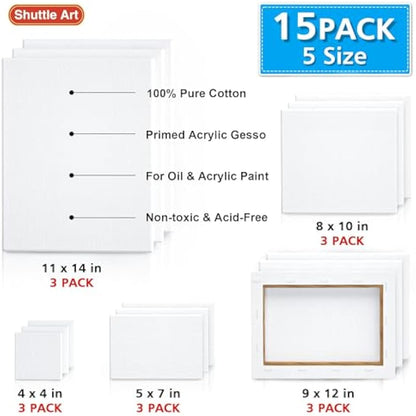 Shuttle Art Canvas for Painting, 15 Multi Pack Stretched Blank Canvas Boards, 4x4, 5x7, 8x10, 9x12, 11x14 Inches (3 of Each), Primed White Painting Canvas, Canvases for Acrylic, Oil Painting