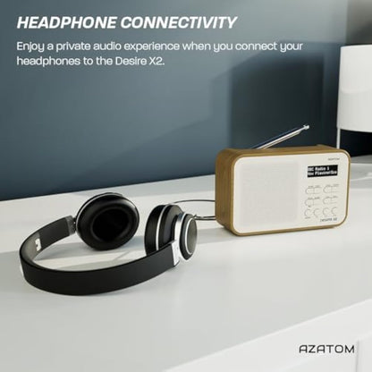 DAB/DAB+ & FM Portable Digital Radio | Simple Controls | Dual Alarms & Sleep Timer | Battery & Mains Powered (4x”AA”) | Bluetooth | Perfect for Home, Office or Outdoors | AZATOM Desire X2 (Oak)