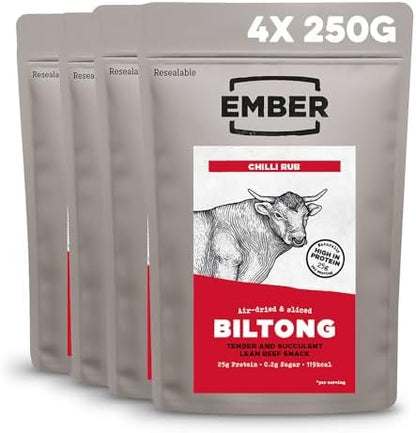 Ember Snacks: Biltong Beef Jerky Chilli Flavour (4 x 250g) 1kg total - Protein Keto Snacks, Bulk Bags - Resealable for On The Go Snack